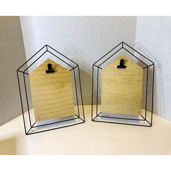 Other - Set of 2 House-Shaped Freestanding Photo Frames Black Metal & Natural Wood
